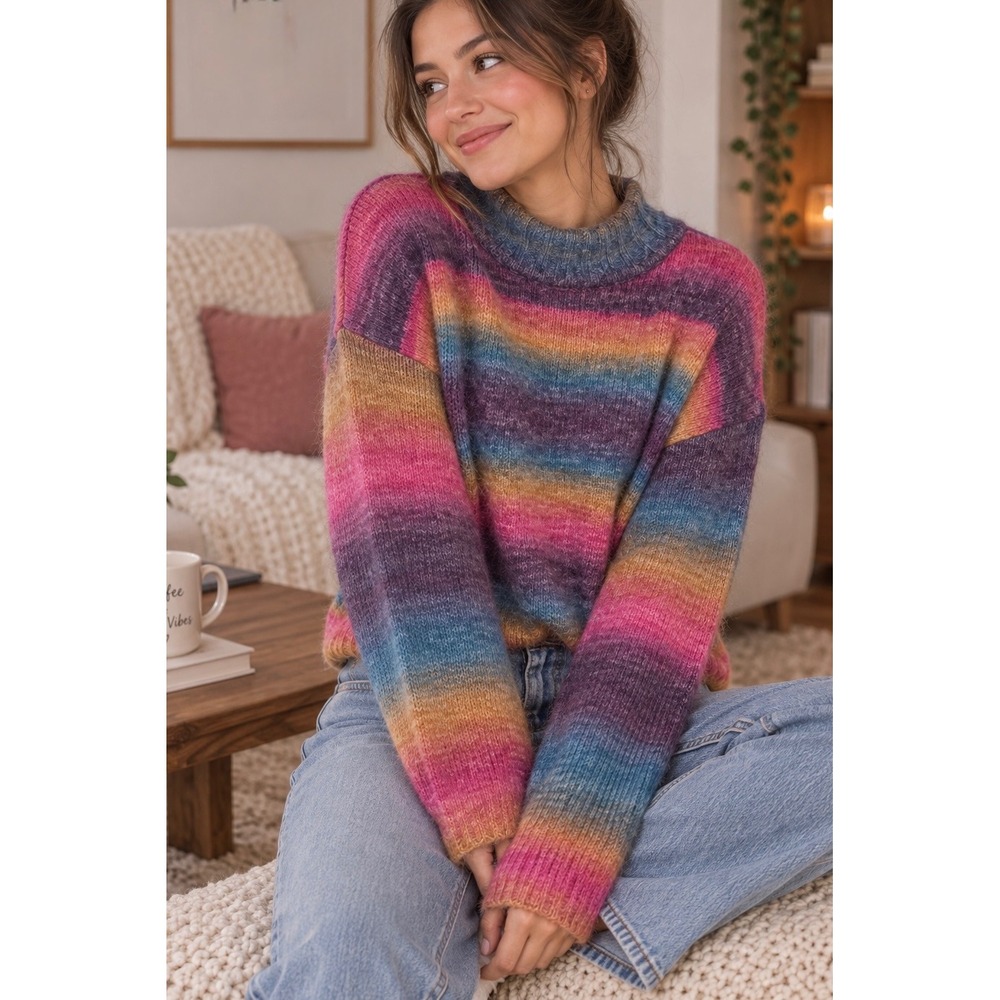 Z Supply Multicolor Striped Sweater L Mock Neck Ombre Knit Cozy Colorful